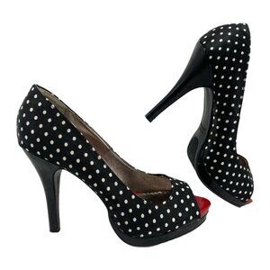 Rampage Black White Polka Dot Peep Toe Stiletto Heels | Size 6